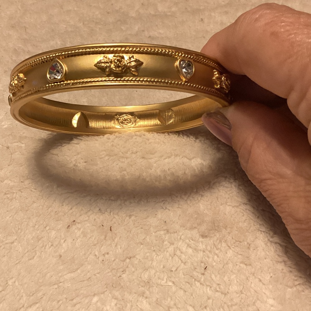 Gold Floral Bangle Bracelet with Crystal Accents